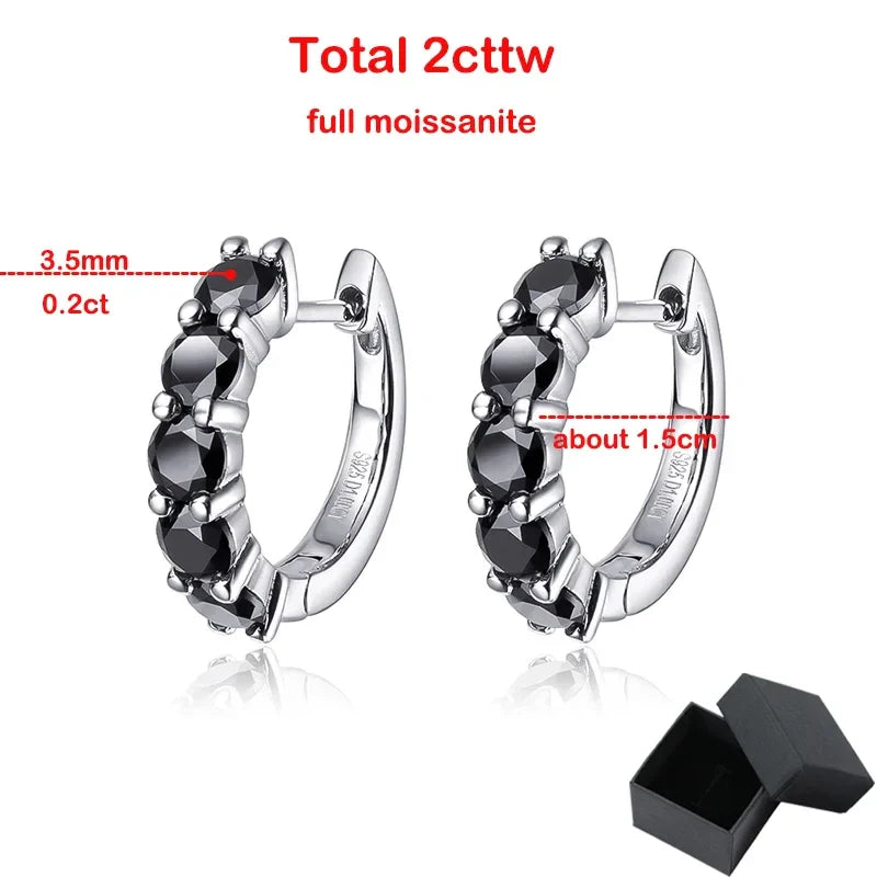 2CTTW Black Moissanite Hoop Earrings for Women Sparkling Party Simulated Diamond Earring 100% 925 Sterling Silver Jewelry