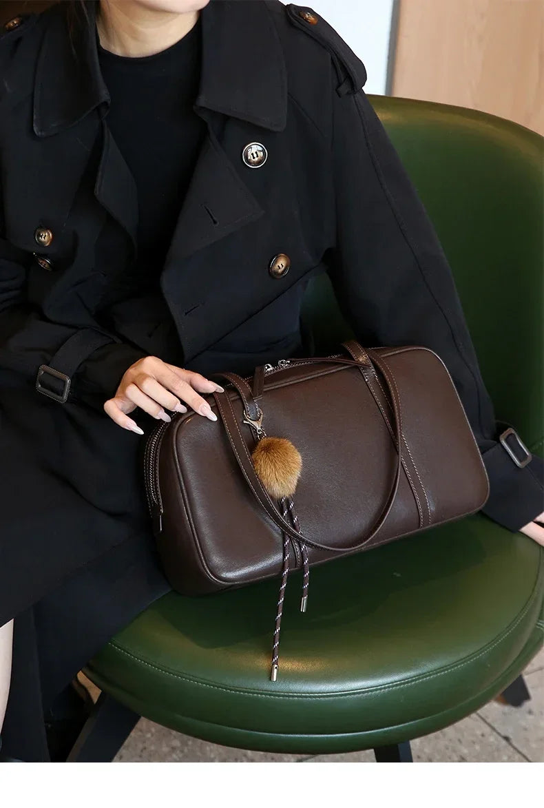 Women's Cow Genuine Leather Shoulder Bags Ladies Fashion Designer Luxury Handbags Female Retro Commute Boston Cowhide Handbag