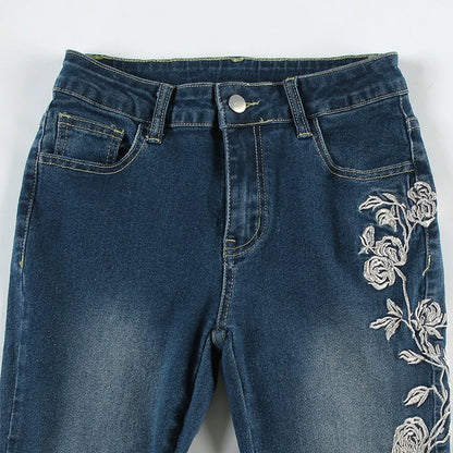 Women Retro Y2k Jeans Baggy Floral Embroidery Jeans Vintage 2000s Low Rise Flared Denim Pants High Street Basic Trousers