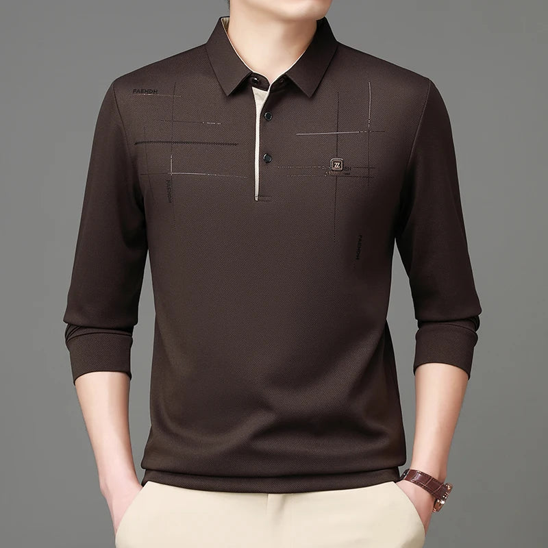 2025 Latest Autumn New Men's Long Sleeve Polo Shirt Middle Aged Business Comfortable Solid Color Men's Collar T-shirt