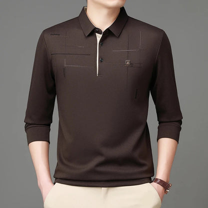 2025 Latest Autumn New Men's Long Sleeve Polo Shirt Middle Aged Business Comfortable Solid Color Men's Collar T-shirt