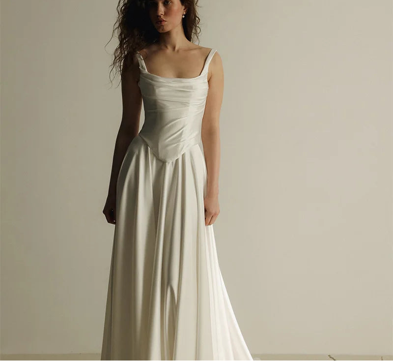 A-Line Simple Spaghetti Strap Wedding Dresses Sleeveless Satin Long Pleat Elegant Brides Gown Custom Made 2026