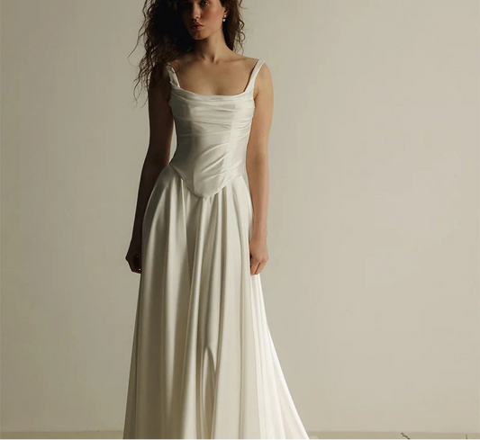 A-Line Simple Spaghetti Strap Wedding Dresses Sleeveless Satin Long Pleat Elegant Brides Gown Custom Made 2026