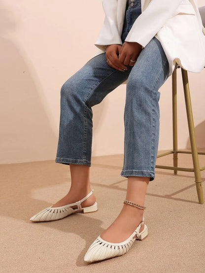 Elegant Pointed Toe Slingback Sandals for Women Summer - Pleated Mesh Low Block Heel Pumps - Adjustable Buckle Strap Dress Shoes