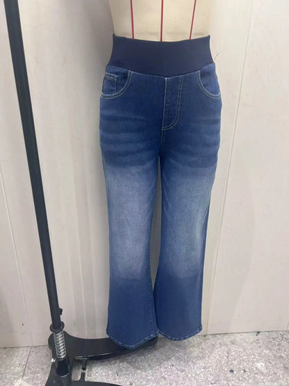 Women's Jeans New Elastic Waist High Stretch Loose Straight-Leg Pants Trendy Comfortable Versatile Cross-Border