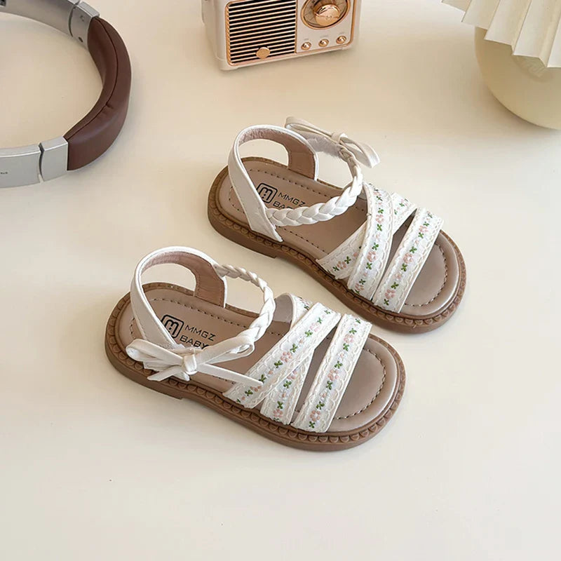 Summer Girl's Sandals Braided Flower Classic Trendy Vintage Kids Sliders Beige Brown Open Toe Holiday Pu Leather Children Shoes