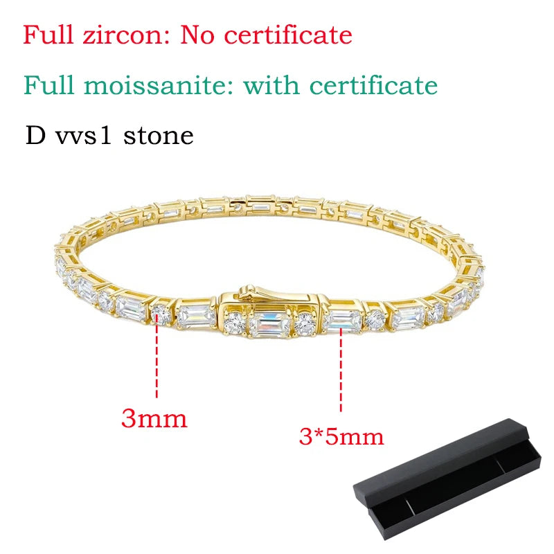 Emerald Cut Original Moissanite Tennis Bracelet for Women Men Hip Hop Jewelry Full Diamond Chain S925 Sterling Silver