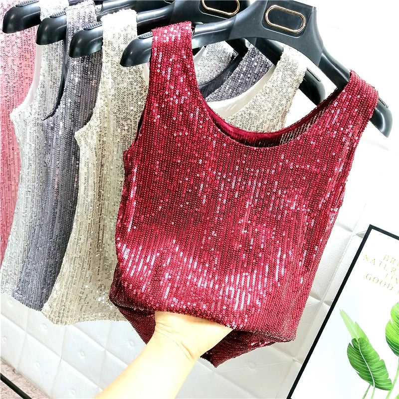 Sparkling Sequins Round Neck Vest Women's Outer Wear 2022 Summer New Bright Silk Fashion Glitter Bottoming Shirt Suspender Top