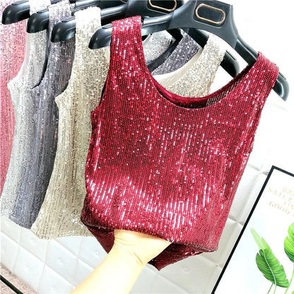 Sparkling Sequins Round Neck Vest Women's Outer Wear 2022 Summer New Bright Silk Fashion Glitter Bottoming Shirt Suspender Top