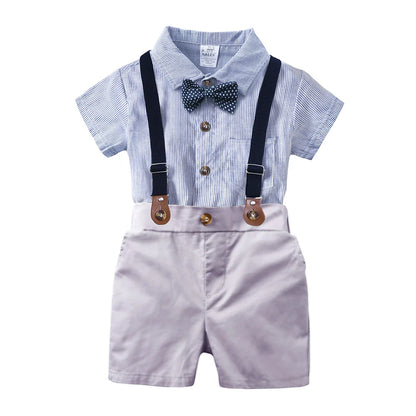 2026 Baby Boy Formal Birthday Outfit Suit Toddler Gentleman Clothes Infant Short Sleeve Bowtie Shirt+Suspender Pants Casual Sets