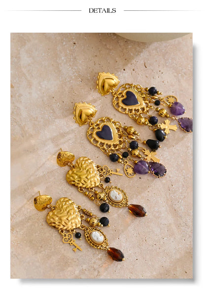 Vintage Stainless Steel Heart Cross Key Charm Pendant Drop Earrings Golden Plated Crystal Resin Stone Waterproof Jewelry