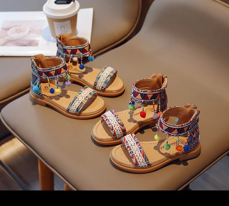 Ethnic Style Simple Children Roman Shoes 2024New Soft Breatheable Flats Open-toe Kids Shoes Non-slip Girls Sandals GLADIATOR