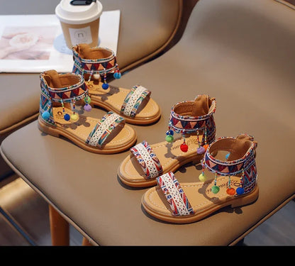 Ethnic Style Simple Children Roman Shoes 2024New Soft Breatheable Flats Open-toe Kids Shoes Non-slip Girls Sandals GLADIATOR