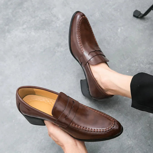 Retro High Heel Men's Shoes Fashionable Business Leather Slip-On Shoes Trendy Rubber Sole Pointed Toe Ankle-Length PU Leather