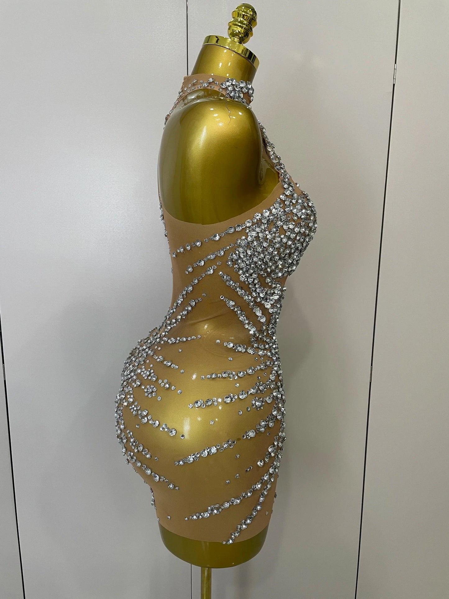 Rhinestones Sexy Mesh See Through Dress Party Evening Prom Celebrate Birthday Dress Singer Dancer Show Stage Wear