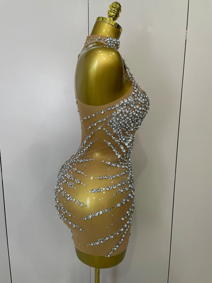 Rhinestones Sexy Mesh See Through Dress Party Evening Prom Celebrate Birthday Dress Singer Dancer Show Stage Wear