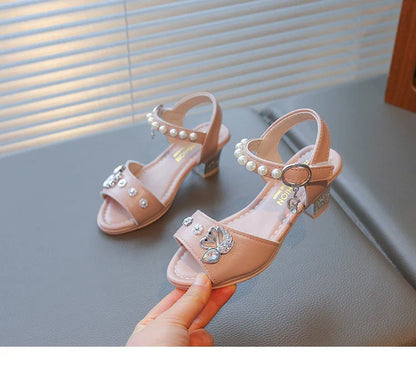 Girls Shiny Rhinestone Flowers Leather Sandals 2026 New Summer Toddler Strappy Sandals Hight Heel Soft Sole Princess Style Shoes