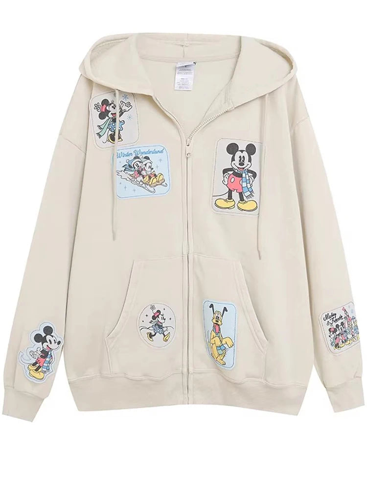 Mickey Mouse Family Patch Letter Cartoon Print Fleece Sweatshirt Jacket Unisex Women Hooded Zip Up Jumper Tops