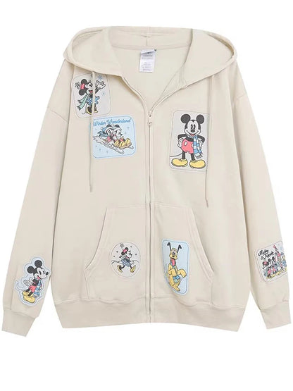 Mickey Mouse Family Patch Letter Cartoon Print Fleece Sweatshirt Jacket Unisex Women Hooded Zip Up Jumper Tops