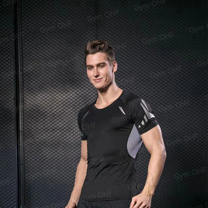 Funny Face 2 in 1 Shorts T Shirt Suits Men's Fitness Breathable Second Skin Compression Shirts Sets Gym Double Deck Shorts