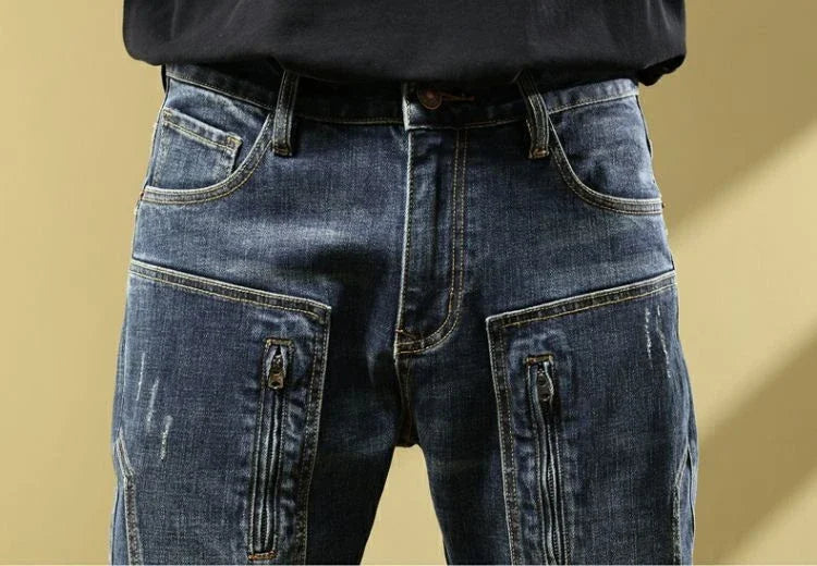 Man Cowboy Pants with Pockets Men's Jeans Motorcycle Tapered Trousers Straight Retro Trend 2025 Classic Stylish Goth Denim Buggy