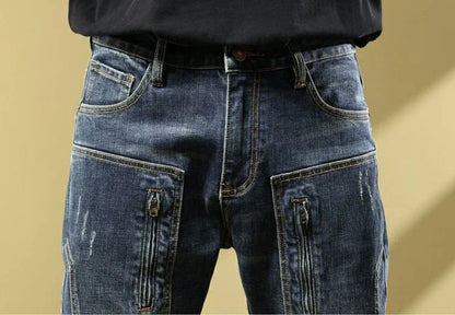 Man Cowboy Pants with Pockets Men's Jeans Motorcycle Tapered Trousers Straight Retro Trend 2025 Classic Stylish Goth Denim Buggy