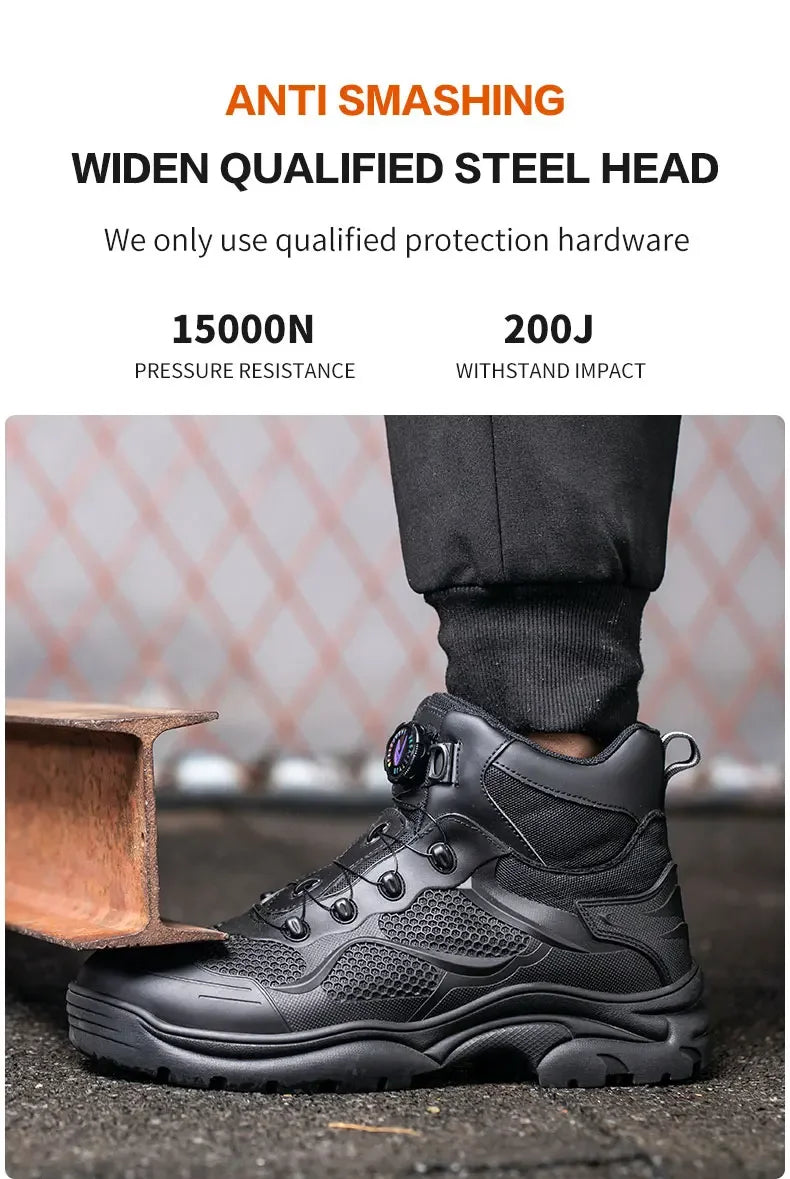Men's Safety Work Boots Steel Toe Breathable Indestructible Puncture-Proof Rotary Buckle Shoes Comfortable Brand Work Footwear