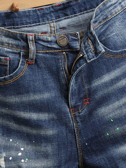 Men's Slim Fit Jeans Elastic Casual High Street Style Ripped Patchwork Pants Fashionable Tight Menswear Spring New Arrival