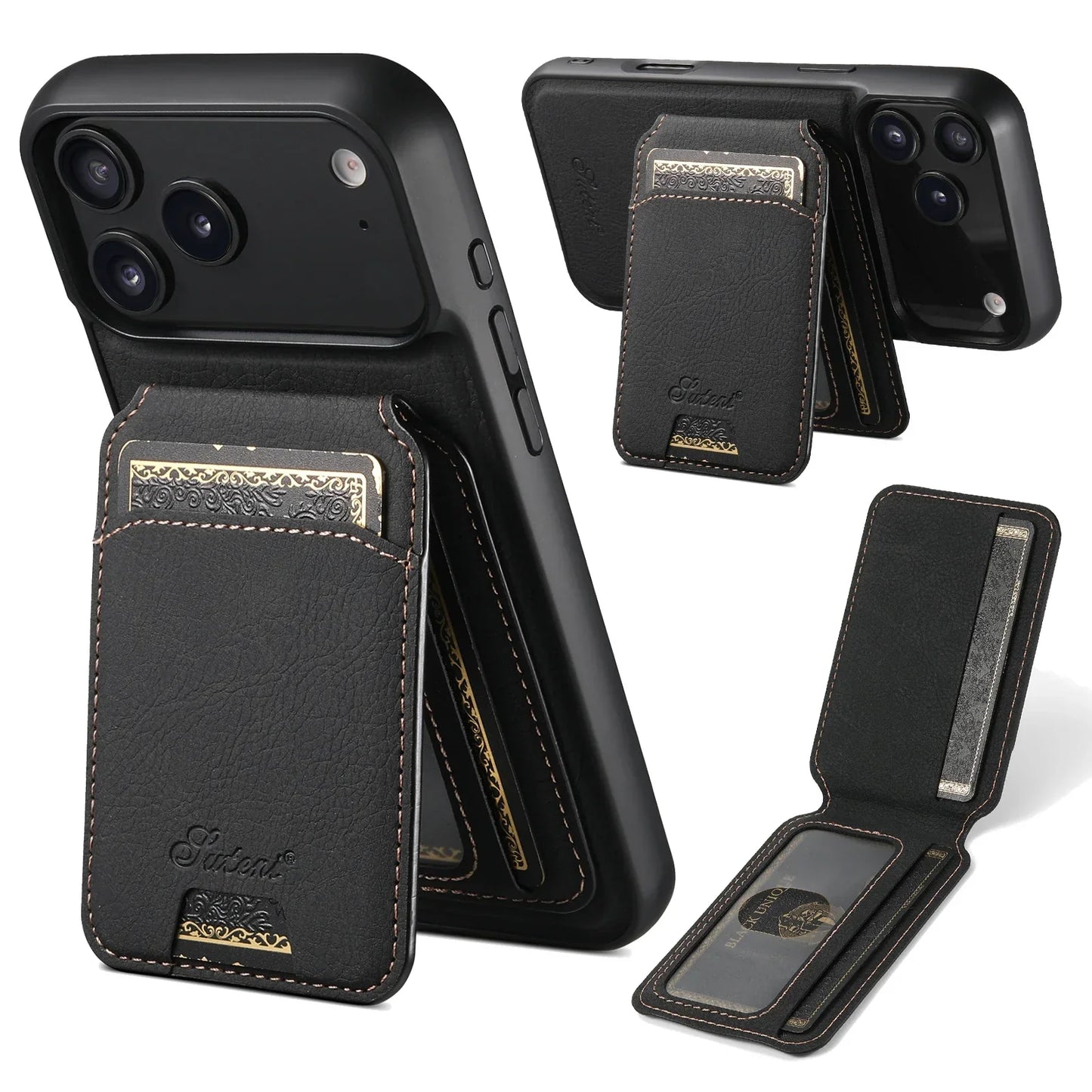 Wireless Charging Phone Case Magnet Card Holder Stand Faux Leather For iPhone 17 Pro Max 16 Plus 15 14 13 12