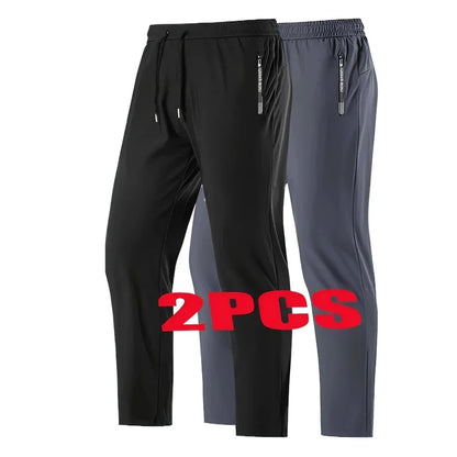 2Pcs Unisex Quick-drying Sweatpants Moisture-wicking Ice Fiber Elastic Waistband Breathable Straight Running Casual Baggy Pants