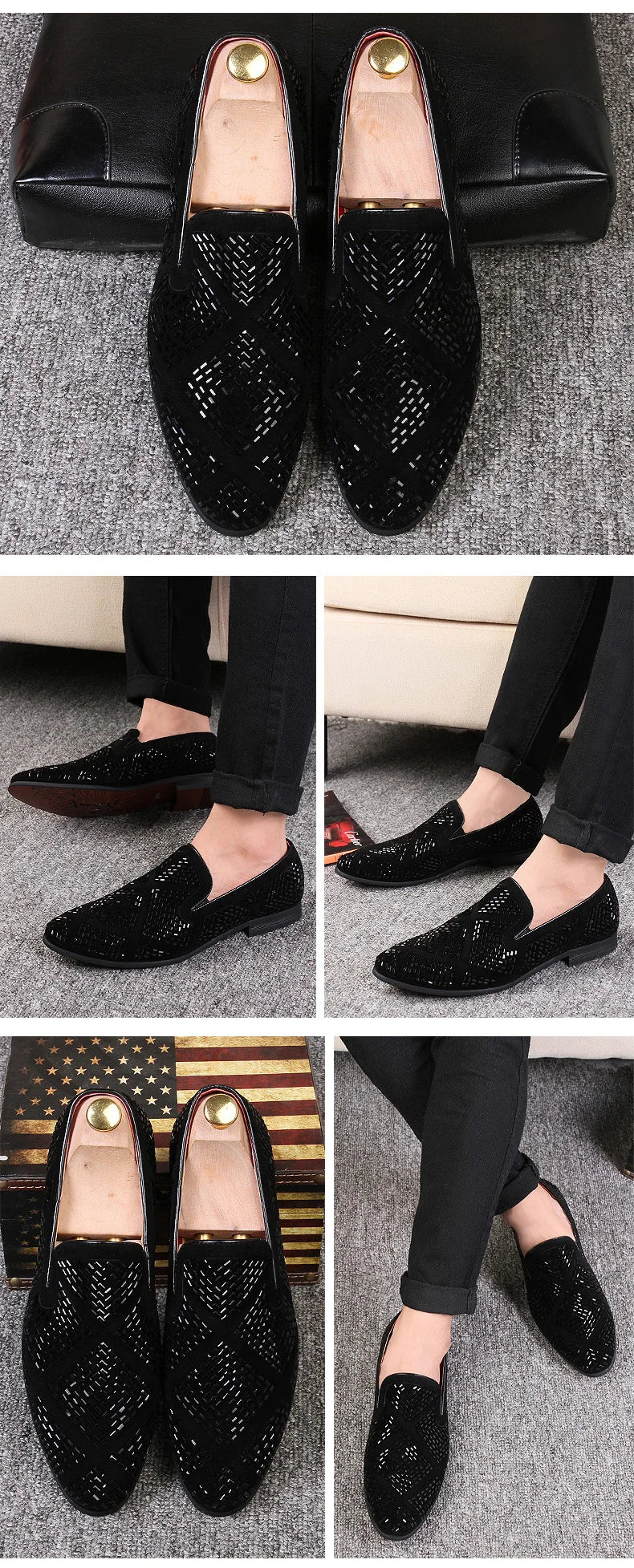 Novos mocassins europeus de indústria pesada versão coreana, mocassins masculinos jovens de cano baixo cravejados de diamantes, sapatos de couro pontudos respiráveis