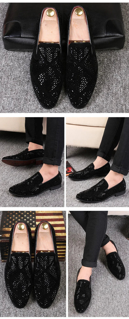 Novos mocassins europeus de indústria pesada versão coreana, mocassins masculinos jovens de cano baixo cravejados de diamantes, sapatos de couro pontudos respiráveis