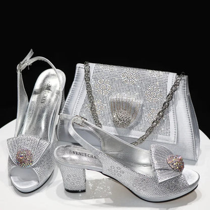 Italian Design Girly Style Golden Color Wedding Shoes And Bag Full Diamond Decoration Metal Closure Bags