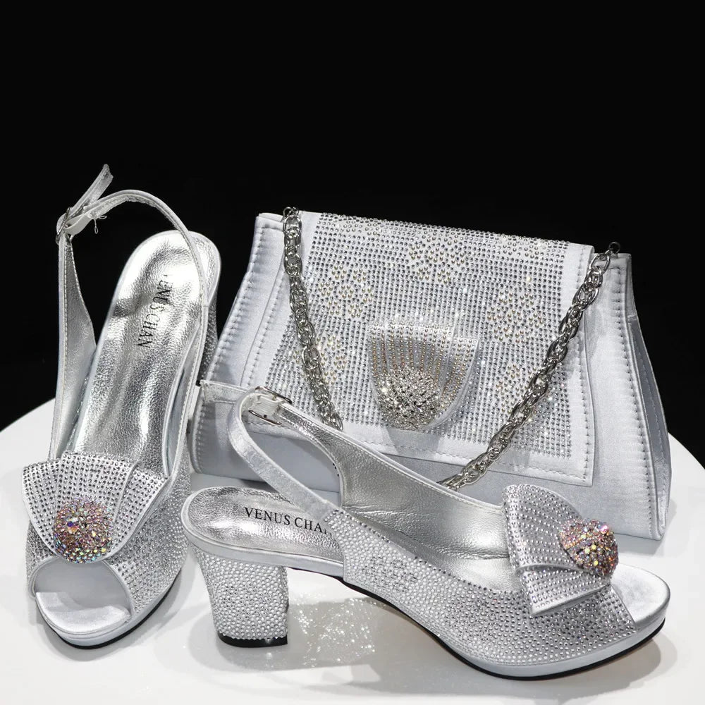 Italian Shoes And Bag Sets For Evening Party With Stones Italian Satin cloth  Rhinestone bow Handbags Match Bags