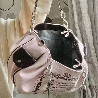 Bolsa Tote Feminina Rosa Vintage Y2K Gótica Estética Grande Capacidade Bordado Letra Retrô Corrente Grunge Viagem Ombro