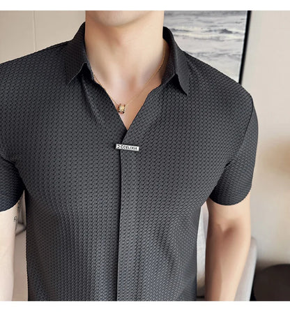 High-Grade Ice Silk Seamless Adhesive Polo Shirt, High-Elastic V-neck Thin Waffle Short-Sleeved Golf Shirt, T-shirt