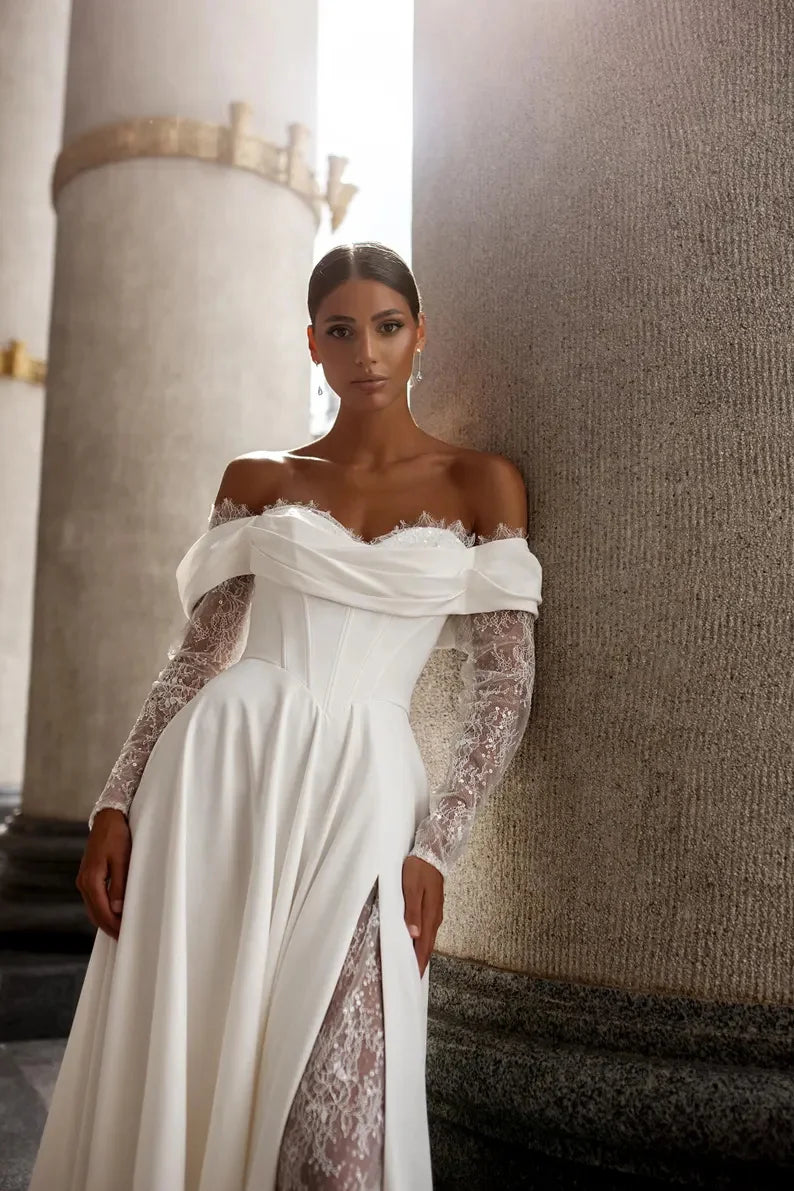 Princess Off The Shoulder Long Sleeves Sweetheart Lace Applique Boho Beach A Line Wedding Dresses 2025 Vestido De Noival