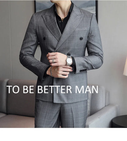 S-5XL ( Blazer + Pants ) Men's High-end Brand Formal Double Breasted Suit Gray 2 Piece Set Wedding Dress Plaid Suit Groom Party