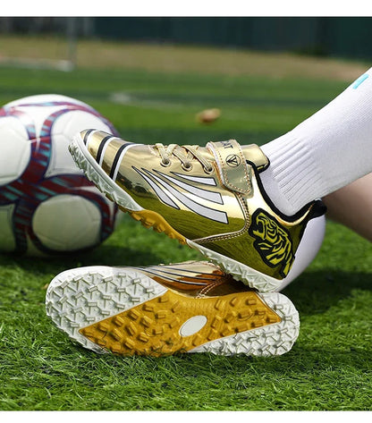 Fashion Gold Children's Football Shoes Outdoor Non-slip Turf Soccer Shoes Kids HOOK&LOOP Low-cut Sports Sneakers Child Trainers