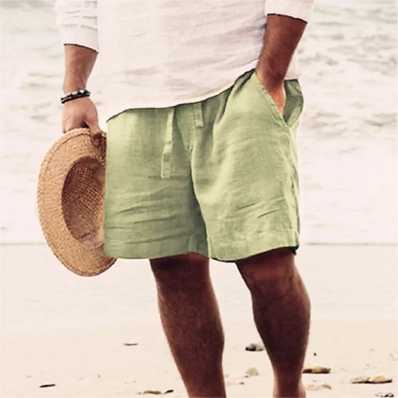 2025 New Summer New Men's Cotton Linen Breathable Shorts Hawaii Beach Pants Male Solid Color Trousers Loose Versatile Streetwear