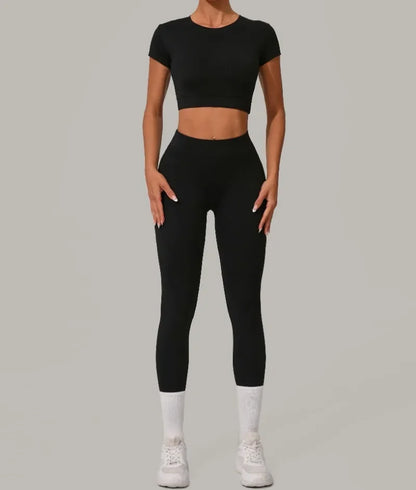 Gym Workout Yoga Fitness Sports Suit Short-sleeved Top Padded-free High-waisted Hip-lifting Trousers Outdoors Leisure Sportswear