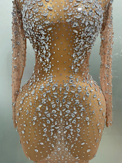 Shinny Rhinestone Stretch Mesh Transparent Long Dress 2025New Women Evening Birthday Party Prom Nightclub Singer Stage Wear
