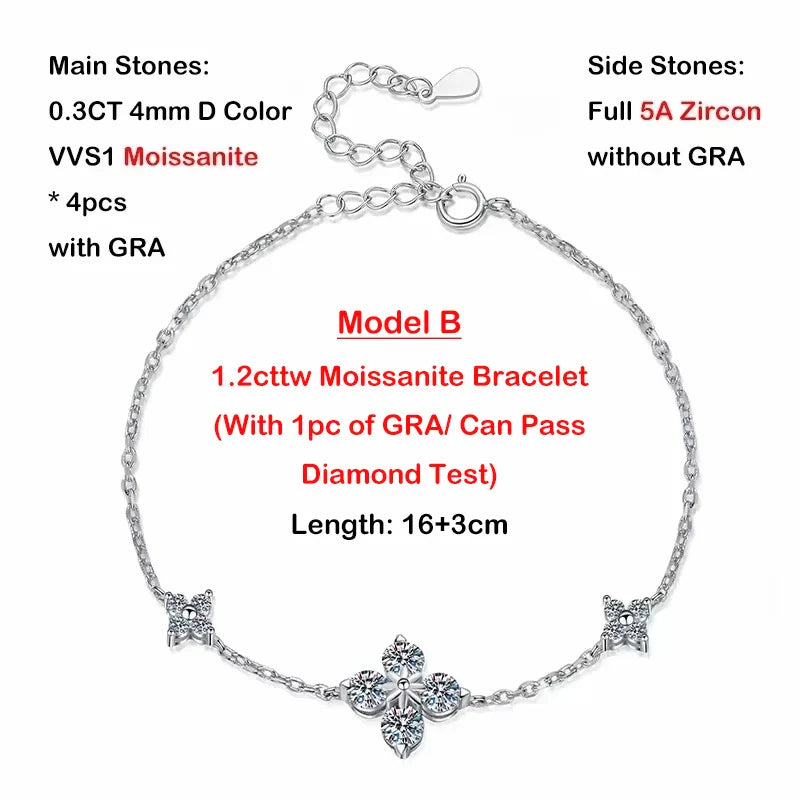 4-Leaf Clover GRA Certified 0.9cttw D Color Moissanite Diamond Bracelet for Woman 925 Silver Link Bracelets Fine Jewelry