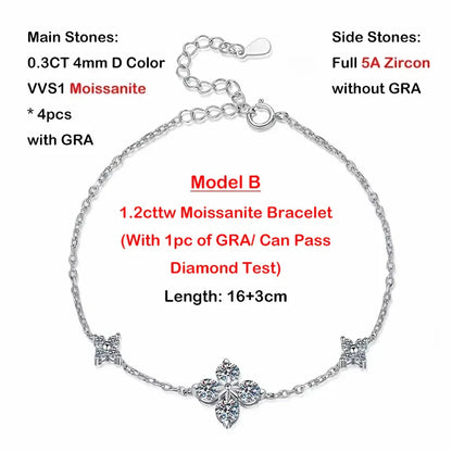 4-Leaf Clover GRA Certified 0.9cttw D Color Moissanite Diamond Bracelet for Woman 925 Silver Link Bracelets Fine Jewelry