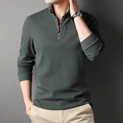Luxury new Half Zipper Long Sleeve T-shirt 100% Cotton Brand Embroidered Stand Collar Men's Clothing Autumn Casual polo shirt