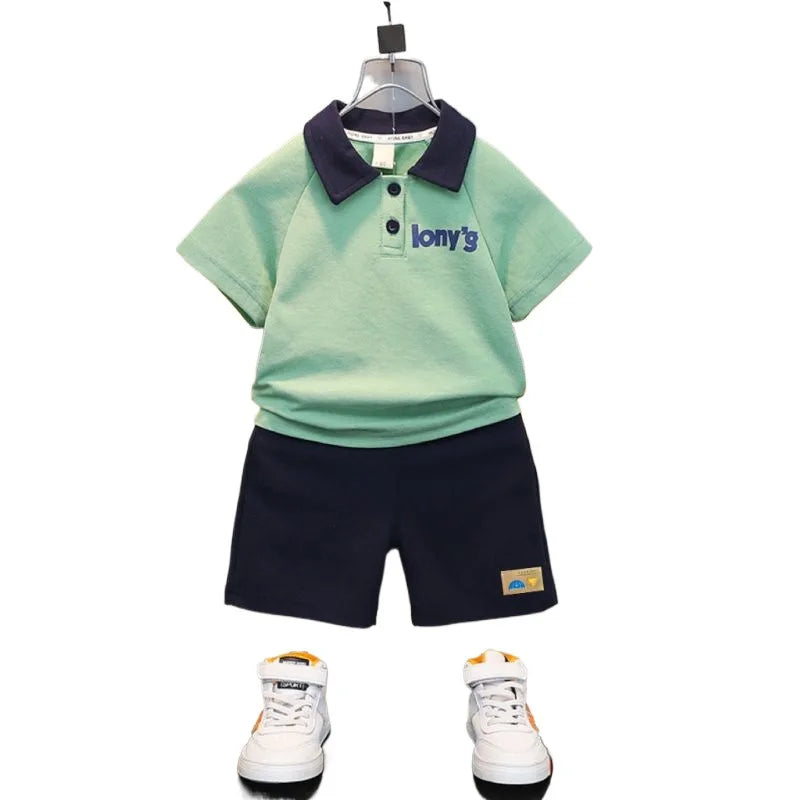 ‌Boys' 2026 New Summer Polo Shirt & Shorts 2-Piece Set Trendy Sporty Waffle Knit Outfit Cool Casual Toddler Kids Clothing
