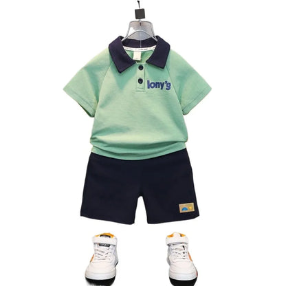 ‌Boys' 2026 New Summer Polo Shirt & Shorts 2-Piece Set Trendy Sporty Waffle Knit Outfit Cool Casual Toddler Kids Clothing