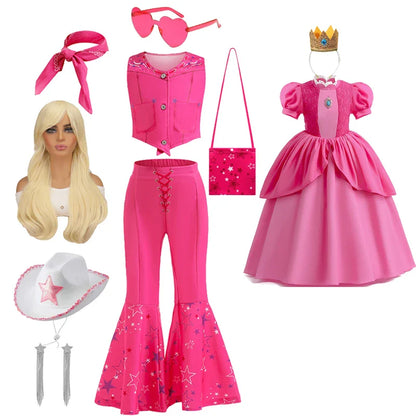 Movie Barbier Halloween Girls Cosplay Costume Peach Princess Dress Vintage Rose Top+Pants+Scarf Street Punk Set Party Clothes