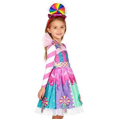 2026 Kids Purim Disguise Rainbow Candy Dress With Headband Lollipop Cosplay Costume Children Dress Birthday Carnival Party Gift