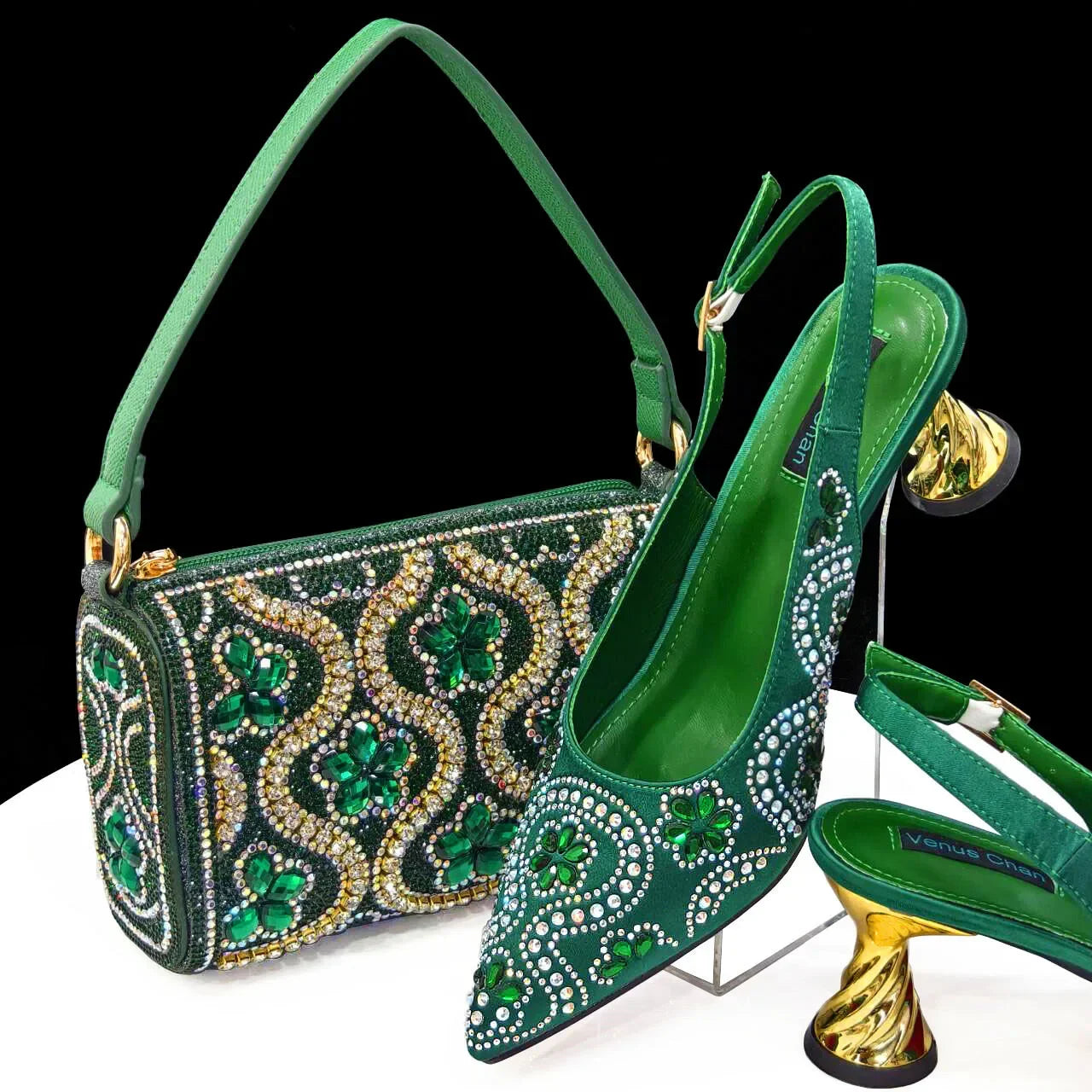Elegant Rhinestone Pointed-Toe Pumps With Matching Bag Set Large Capacity Bag for Women's Party High Heels